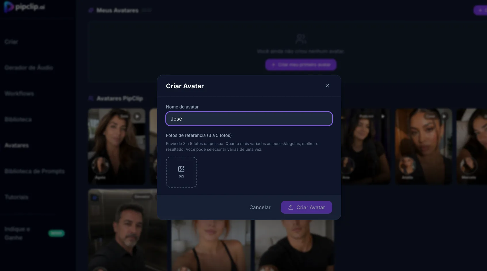 Painel de criação de avatar customizado do Pipclip com área de upload das 3 fotos de referência