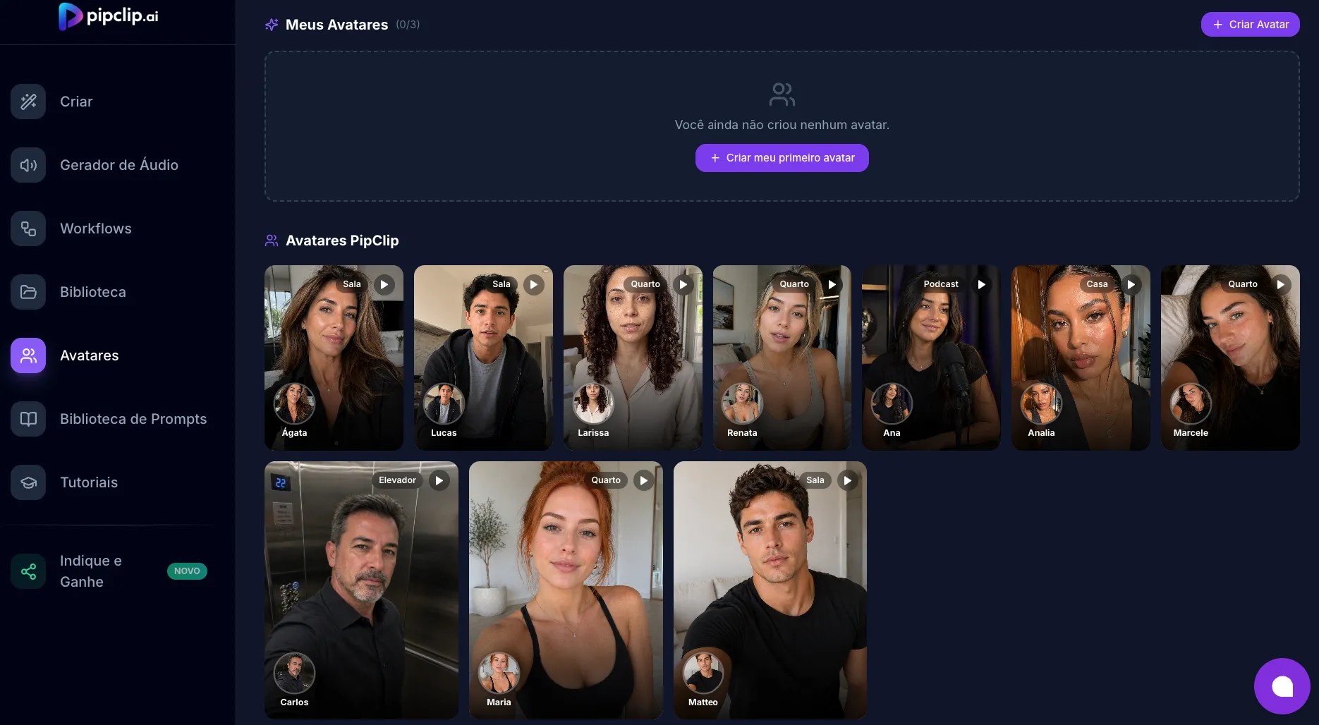 Galeria de avatares públicos do Pipclip mostrando diversidade de rostos disponíveis na plataforma