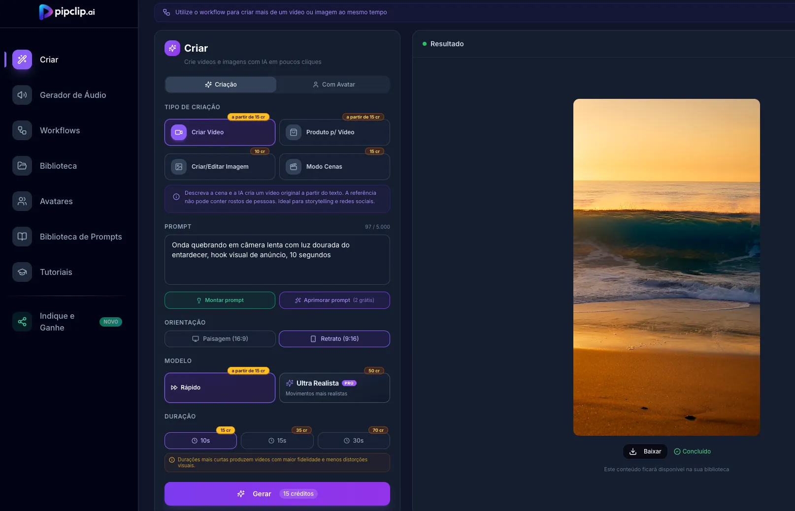 Tela da ferramenta Criar Vídeo do Pipclip mostrando geração text-to-video com IA generativa
