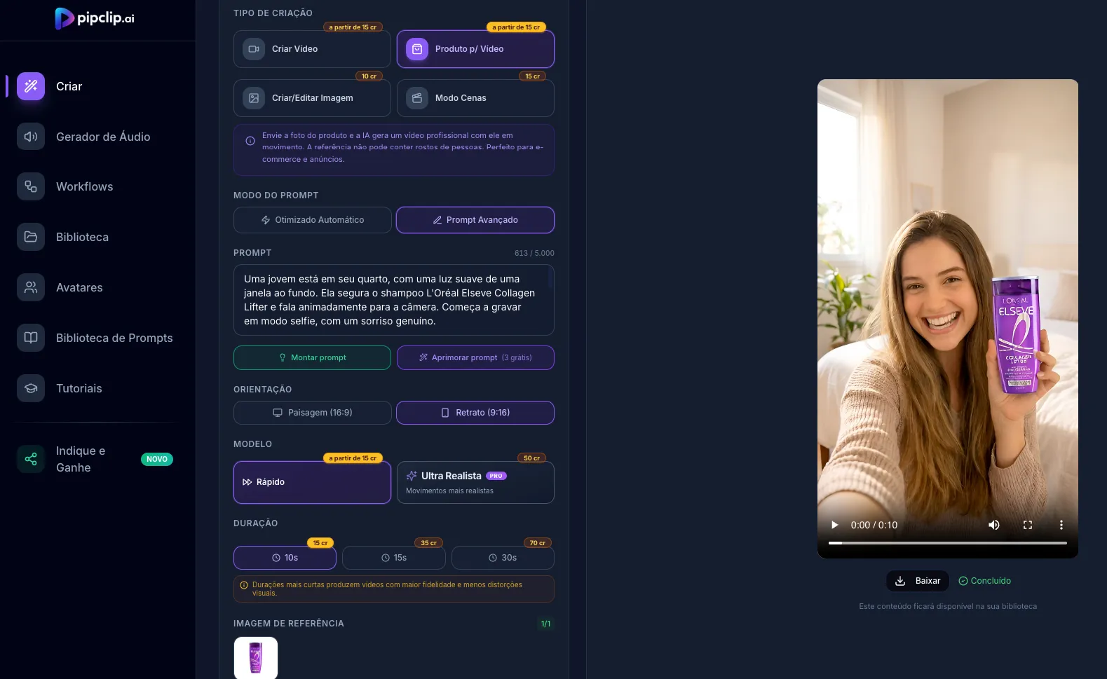 Tela do Pipclip Studio mostrando foto de produto sendo carregada com campo de prompt em português